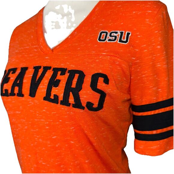 Oregon State University Beavers Women LG Orange Black Ringer Applique V-Neck OSU - Picture 2 of 4